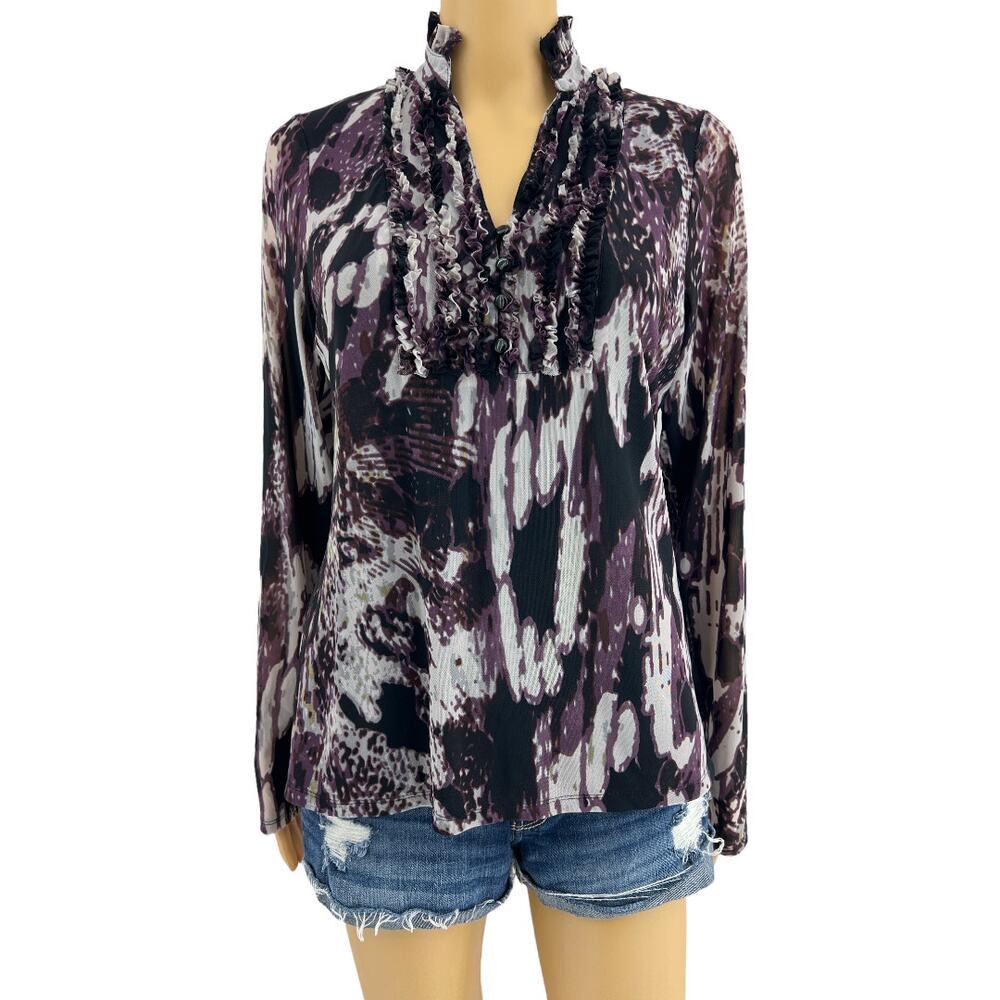 August Silk Small Purple Sheer Ruffle Mesh Knit Blouse Top Y2K